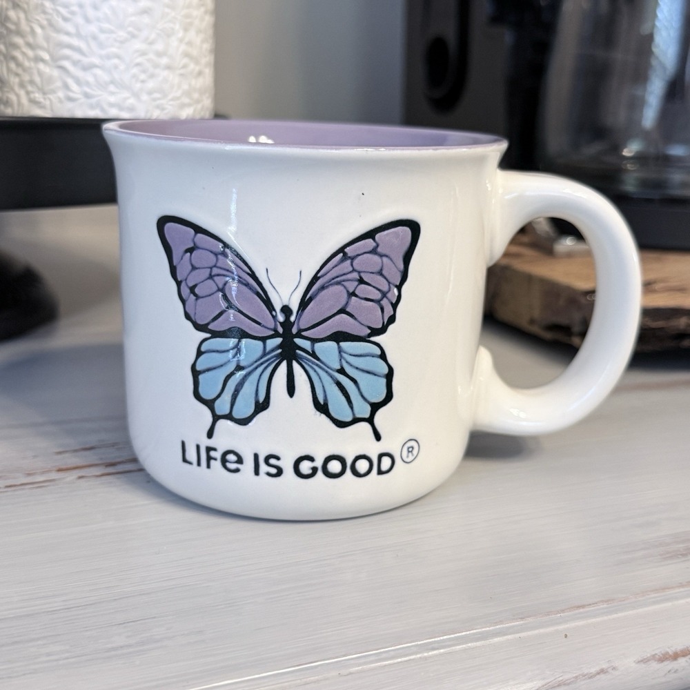 Life Is Good Purple Blue Butterfly Ceramic Coffee Mug Gift‎ New